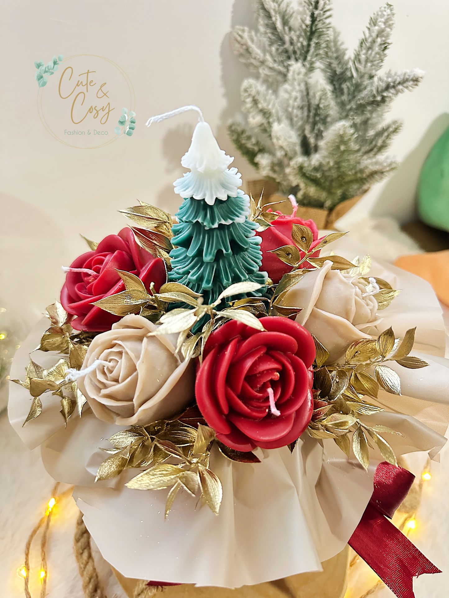 Grote kerstbloembox - wit / rood ( kaarsen)