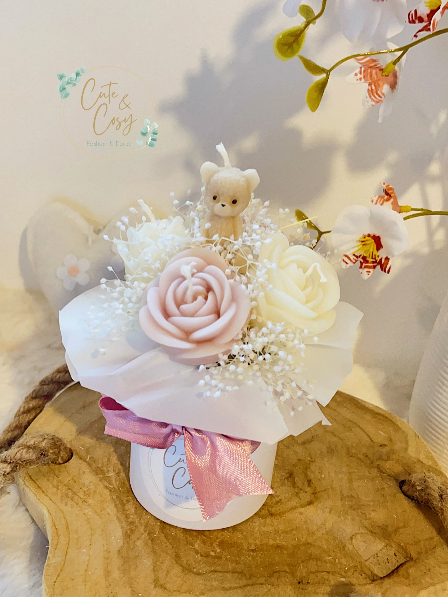 Mini bloembox - wit / roos ( kaarsen)