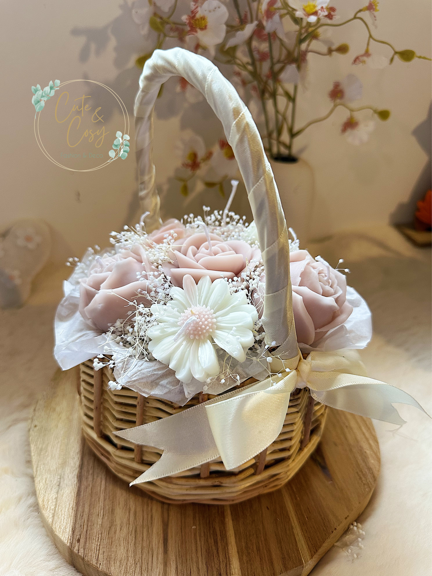 Mini bloemenmand - wit / roos ( kaarsen)