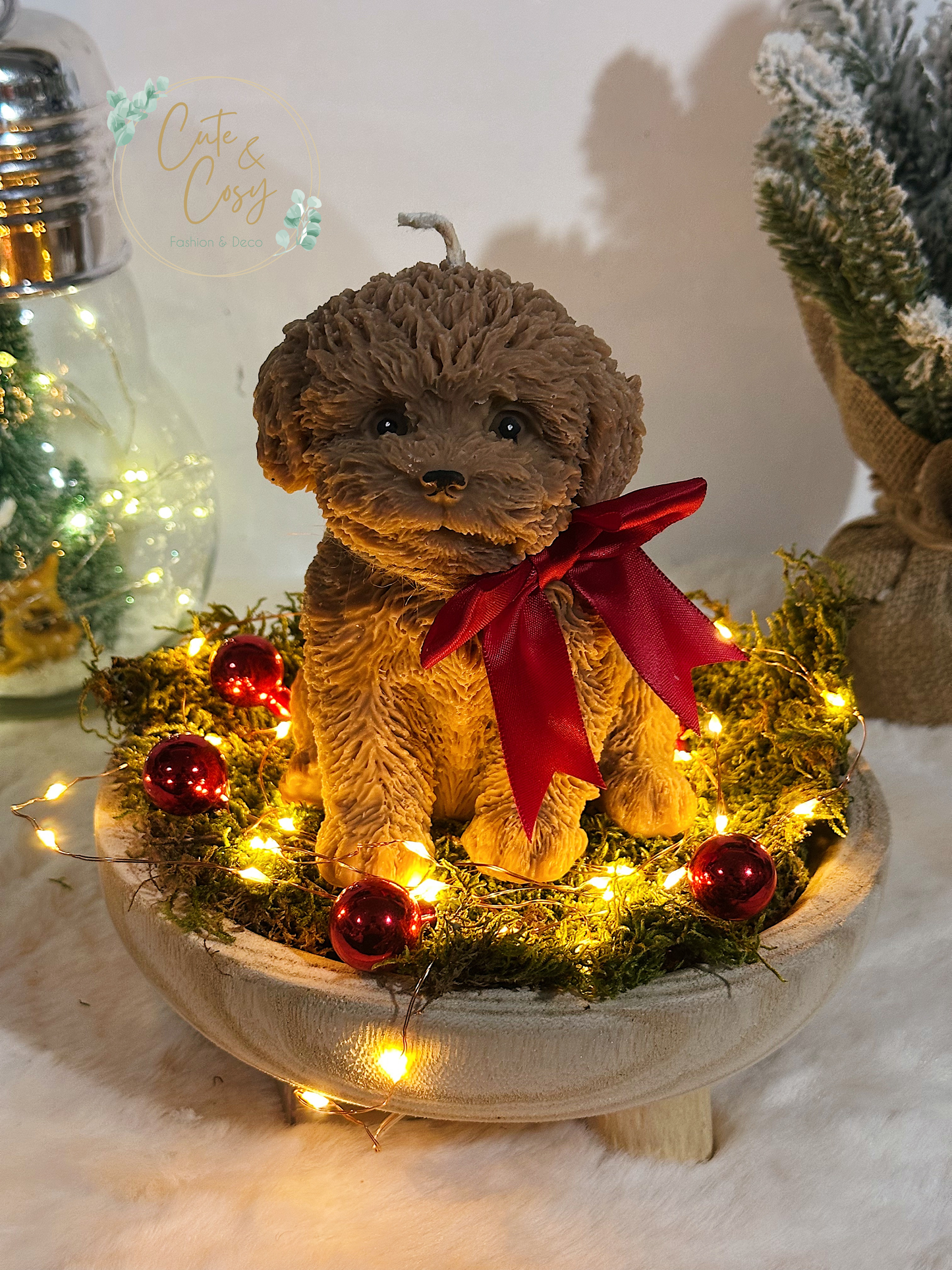 Cadeausetje Dog In The Forest ( alles inbegrepen: schaal, lampjes decoratie, kaars..)