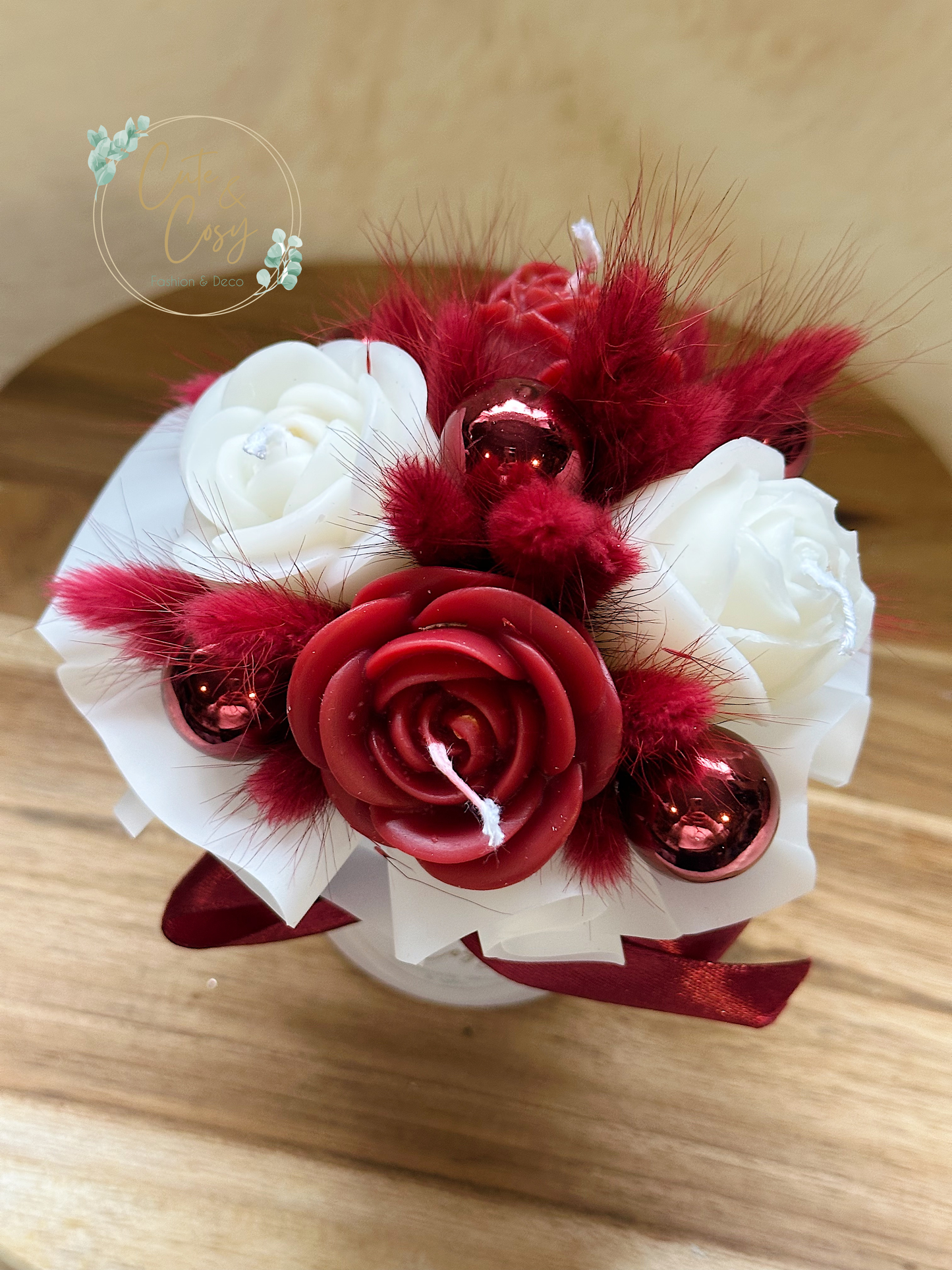 Mini bloembox - wit / bordeaux ( kaarsen)