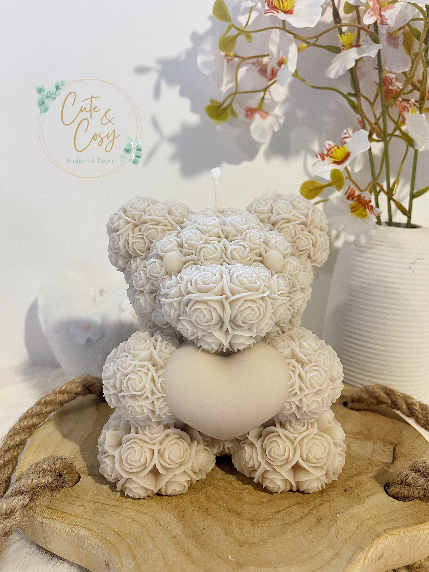 XXL Rose Teddy Bear Candle - beige