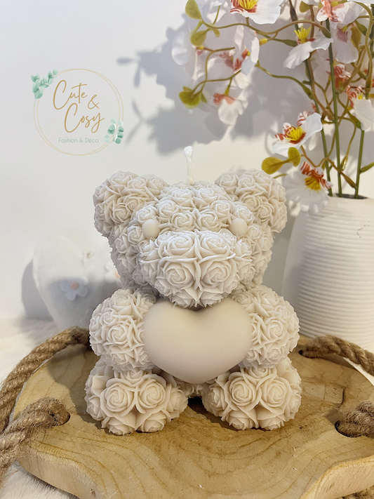 XXL Rose Teddy Bear Candle - beige