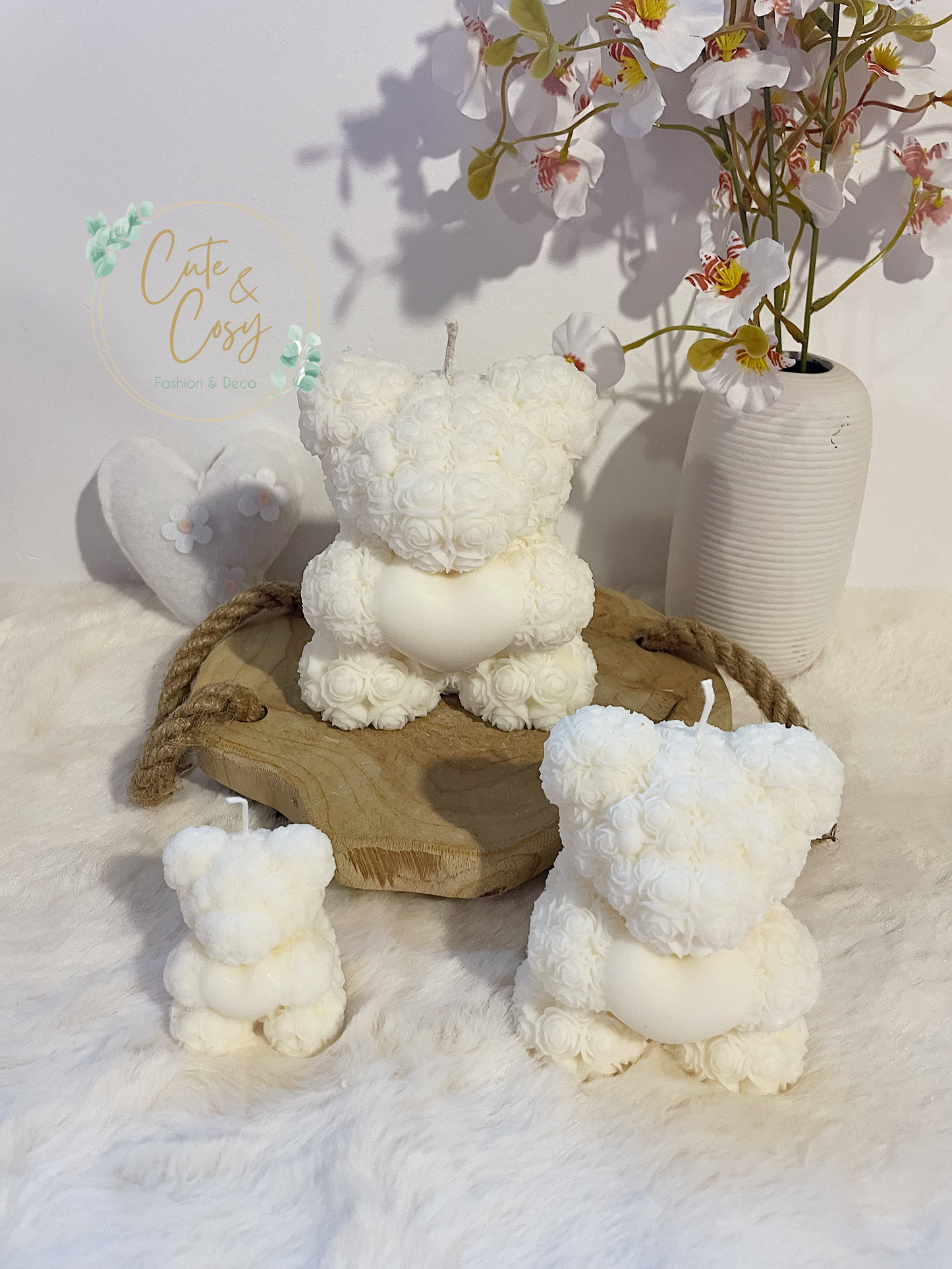 The Mini Rose Teddy Bear Candle - wit