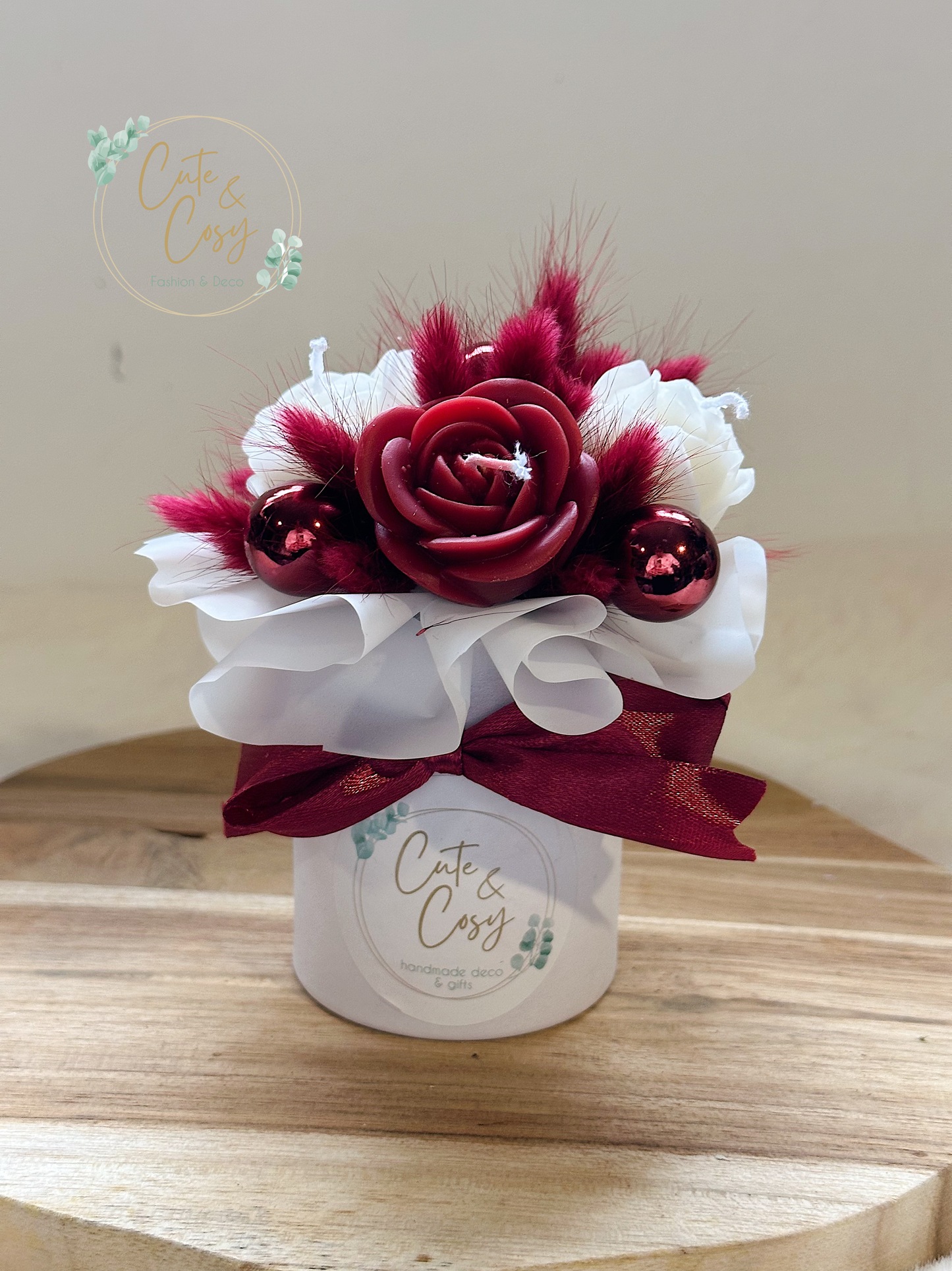 Mini bloembox - wit / bordeaux ( kaarsen)